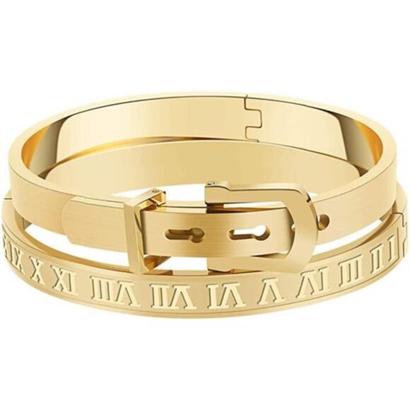 2 Pcs Men's Gold Plated Bracelet Roman Numeral Bangle Bracelet Stainless Steel - Picture 1 of 7